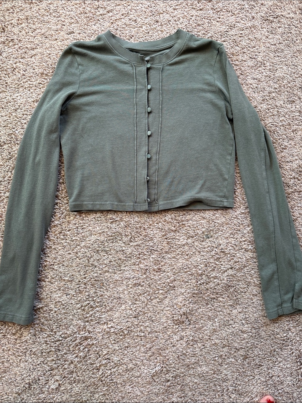 Aerie Olive Button-Front Cropped Long-Sleeve preppy Top Size S